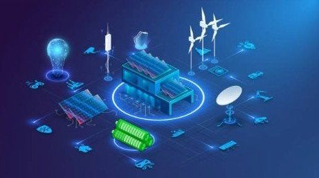 Illustration of a smart energy grid with wind turbines, solar panels and battery storage